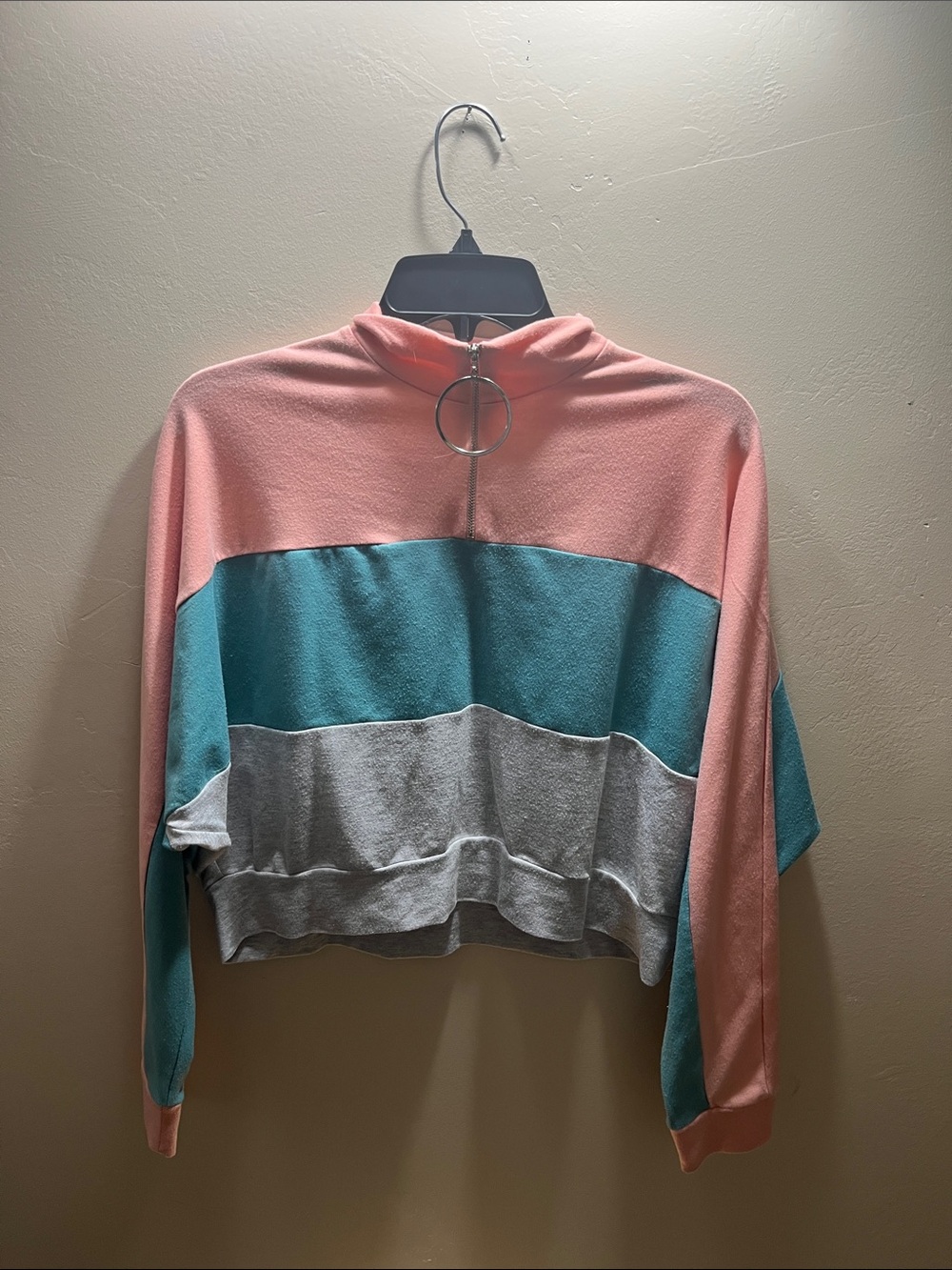 Mock Neck Colorblock Cropped Pullover - Pink, Teal & Gray